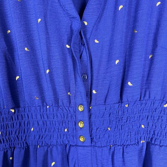 Alex & Parker Women 1X Blue Maxi Midi Dress Gold Print Stretch Button Boho Chic - Picture 9 of 9